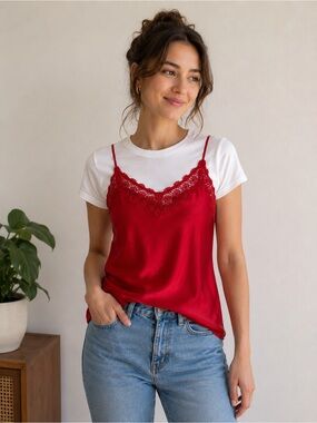 Vintage La SENZA Red Satin Lace Trim Camisole
